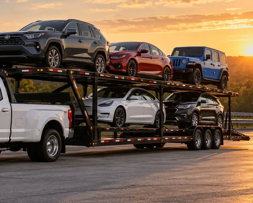 Five vehicles loaded on an NBLA auto transport trailer