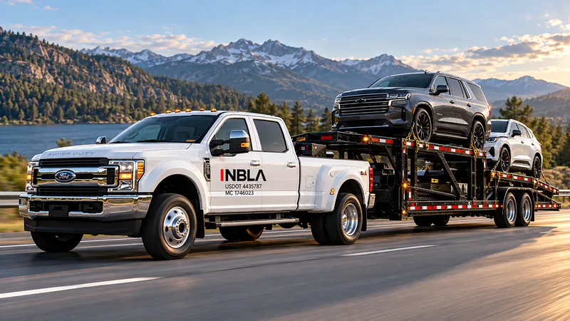 White NBLA-branded Ford F-350 dually pulling a two-car auto transport trailer with two vehicles